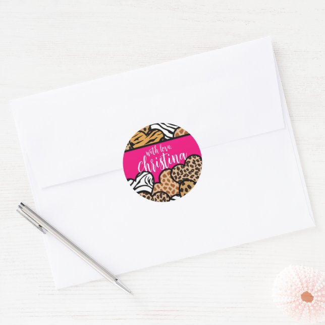 Girly Pink Playful Animal Print Hearts Name  Classic Round Sticker (Envelope)