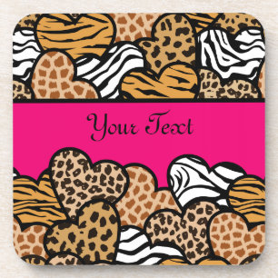 Girly Pink Playful Animal Print Hearts Name Coaster