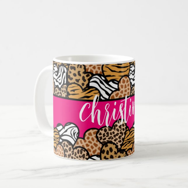 Girly Pink Playful Animal Print Hearts Name  Coffee Mug (Front Left)