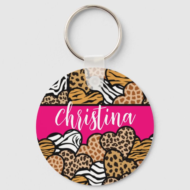 Girly Pink Playful Animal Print Hearts Name  Key Ring (Front)