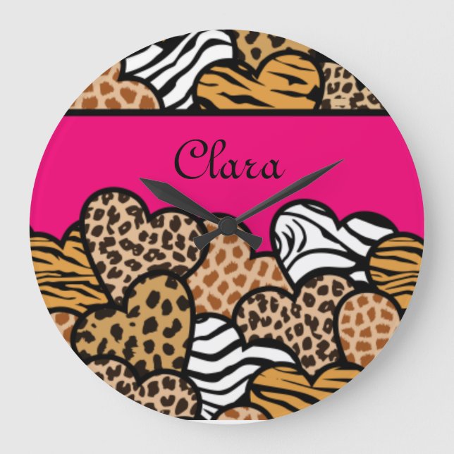 Girly Pink Playful Animal Print Hearts Name  Large Clock (Front)