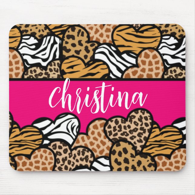 Girly Pink Playful Animal Print Hearts Name  Mouse Mat (Front)