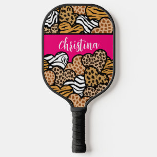 Girly Pink Playful Animal Print Hearts Name  Pickleball Paddle