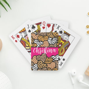 Girly Pink Playful Animal Print Hearts Name Playing Cards