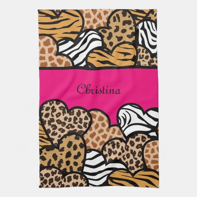 Girly Pink Playful Animal Print Hearts Name  Tea Towel (Vertical)