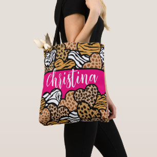 Girly Pink Playful Animal Print Hearts Name Tote Bag