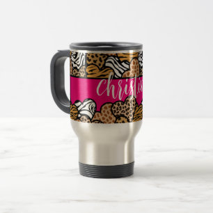 Girly Pink Playful Animal Print Hearts Name  Travel Mug