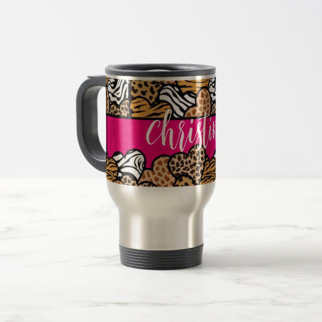 Girly Pink Playful Animal Print Hearts Name  Travel Mug (Front Left)
