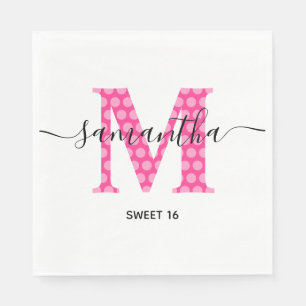 Girly Pink Polka Dotted Monogram Sweet 16 Napkin