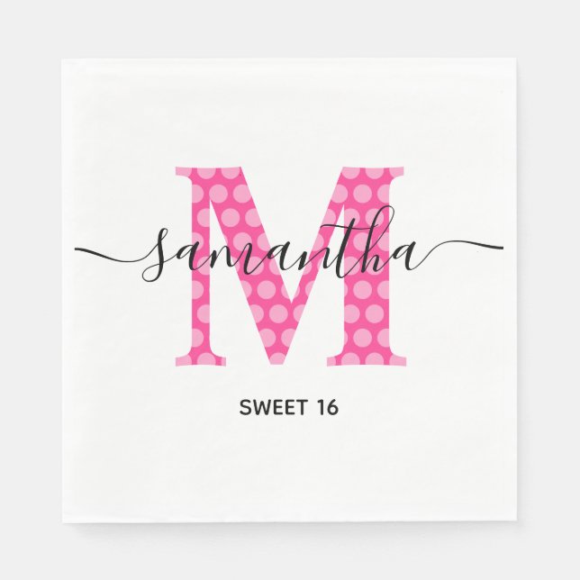 Girly Pink Polka Dotted Monogram Sweet 16 Napkin (Front)