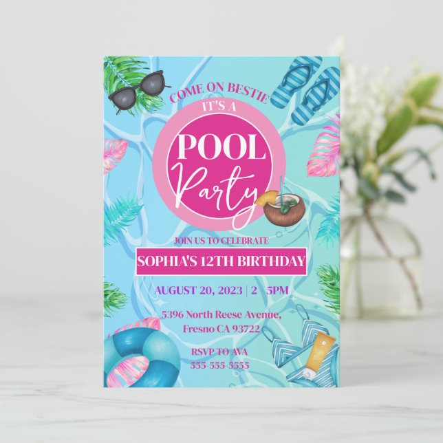 Girly Pink Pool Party Tropical Birthday Girl Invitation (Standing Front)