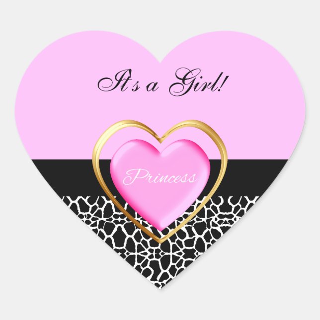 Girly Pink Princess Baby Shower Giraffe Print Heart Sticker (Front)