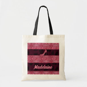 Girly Pink Pump and Cheetah Print with Name Tote Bag