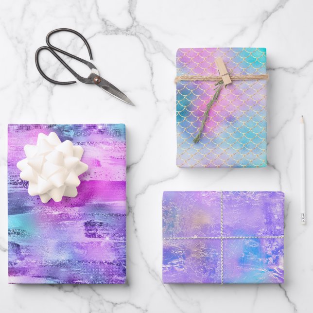 Girly Pink Purple Aqua Glitzy Mermaid Stripes Wrapping Paper Sheet (Front)