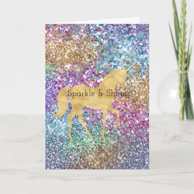 Girly Pink Purple Aqua Mint Gold Unicorn Sparkle  Card (Front)