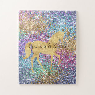 Girly Pink Purple Aqua Mint Gold Unicorn Sparkle   Jigsaw Puzzle