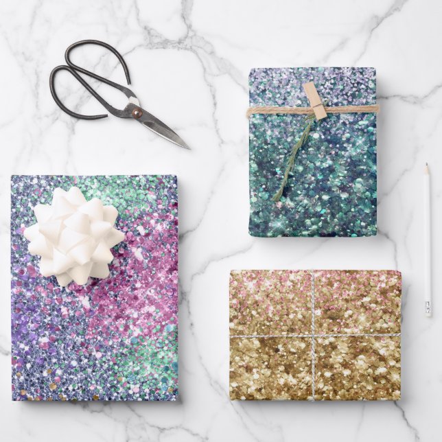 Girly Pink Purple Aqua Mint Gold Unicorn Sparkle Wrapping Paper Sheet (Front)