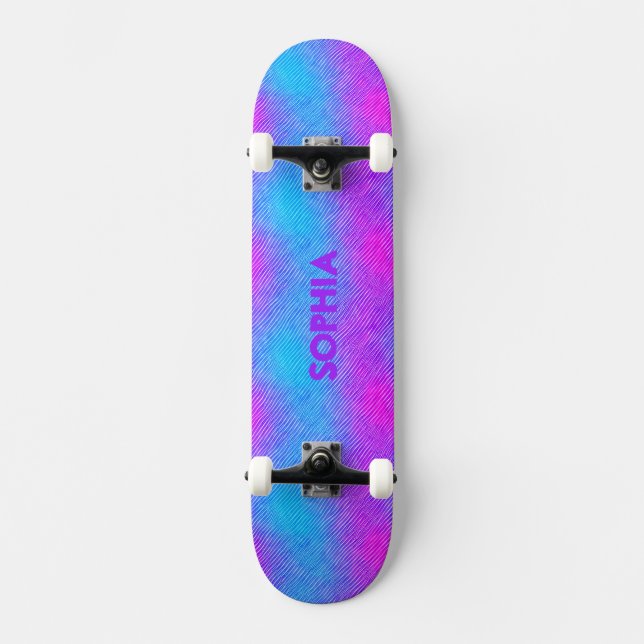 Girly pink, purple, blue colours Personalised Name Skateboard (Front)