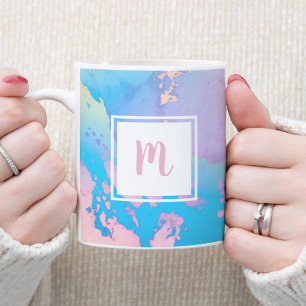 Girly pink purple blue modern monogram watercolor coffee mug
