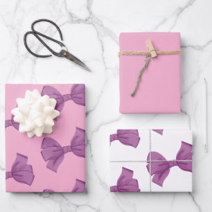Girly Pink Purple Bow Birthday Wrapping Paper Sheet