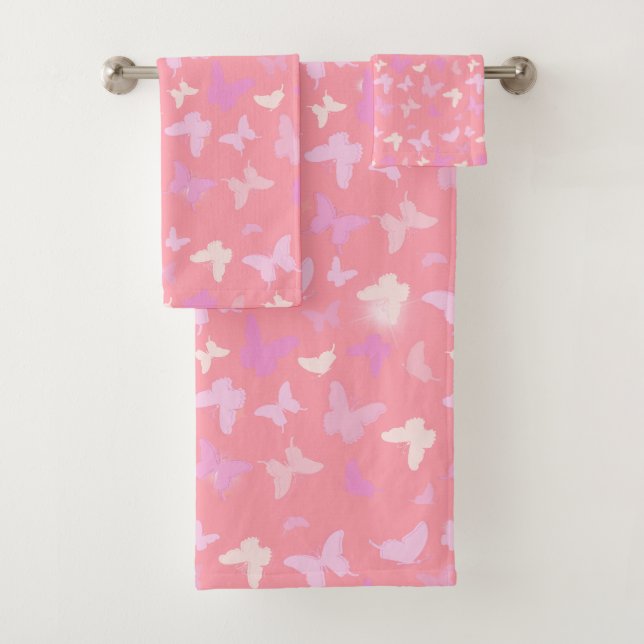 Girly Pink Purple Butterflies And Stars Seamless  Bath Towel Set (Insitu)