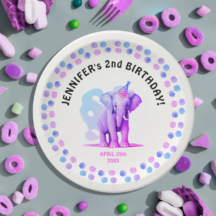 Girly Pink Purple Elephant Cub Jungle Animal Paint Paper Plate