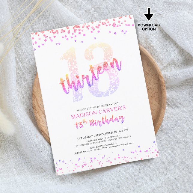 Girly Pink Purple Glitter Confetti 13th Birthday Invitation (Creator Uploaded)