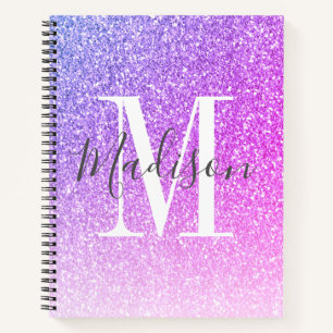 Girly Pink Purple Glitter Monogram Name Notebook