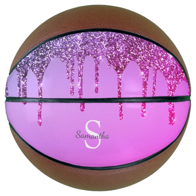 Girly Pink Purple Glitter Sparkle Drips Monogram Basketball (Front)