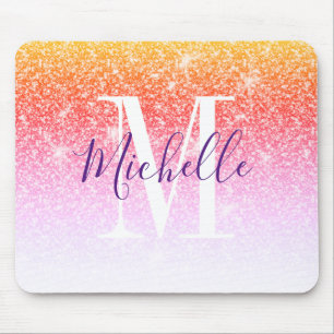 Girly Pink Purple Glitter Sparkle Monogram Name Mouse Mat
