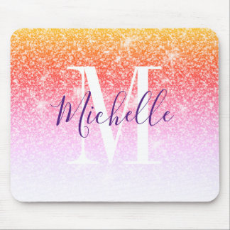 Girly Pink Purple Glitter Sparkle Monogram Name Mouse Mat