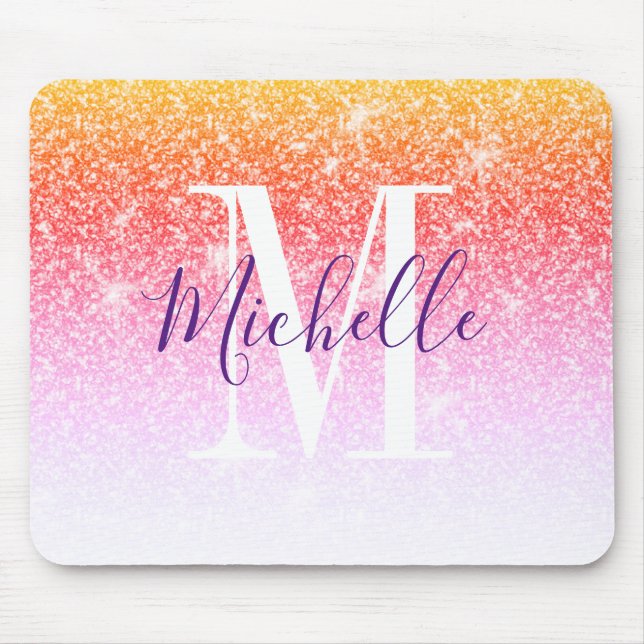 Girly Pink Purple Glitter Sparkle Monogram Name Mouse Mat (Front)