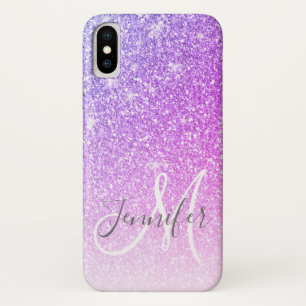 Girly Pink Purple Glitter Sparkles Monogram Name iPhone X Case
