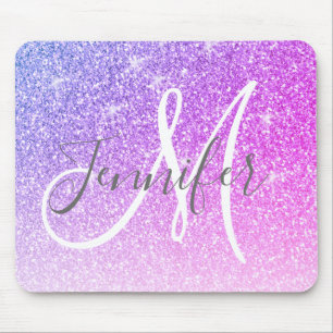 Girly Pink Purple Glitter Sparkles Monogram Name Mouse Mat