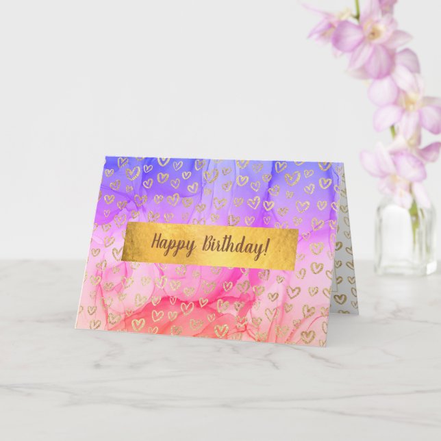 Girly Pink Purple Gold Hearts Custom Birthday Card (Orchid)