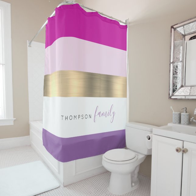 Girly pink purple gold stripe custom family shower curtain (In Situ)