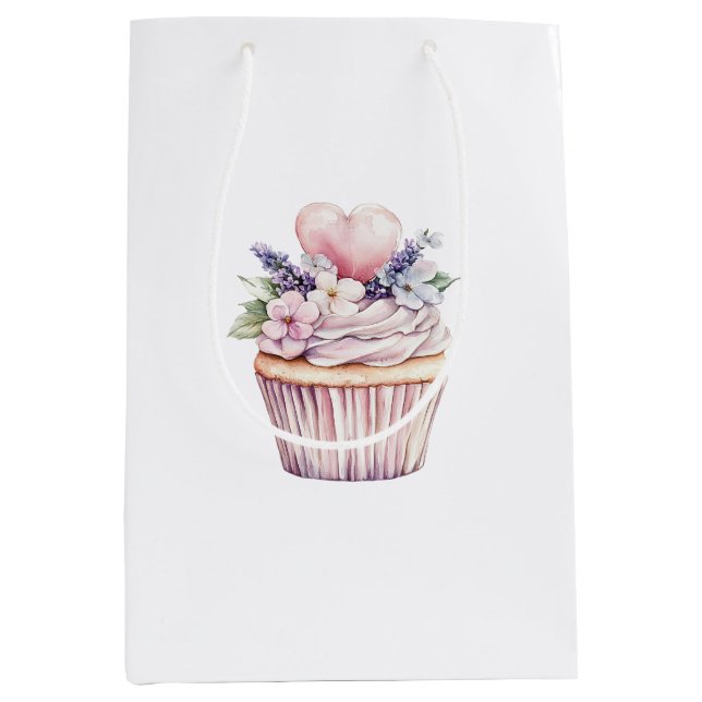 Girly Pink Purple Heart Floral Cupcake Birthday Medium Gift Bag (Front)