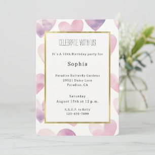Girly Pink Purple Hearts Birthday Invitation