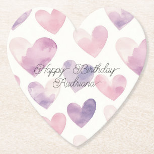 Girly Pink Purple Hearts Birthday Paper Coaster