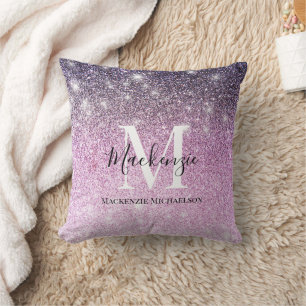 Girly Pink Purple Ombre Glitter Monogram Name   Cushion