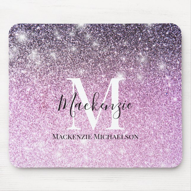 Girly Pink Purple Ombre Glitter Monogram Name  Mouse Mat (Front)