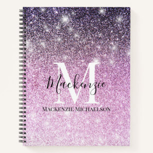 Girly Pink Purple Ombre Glitter Monogram Name  Notebook
