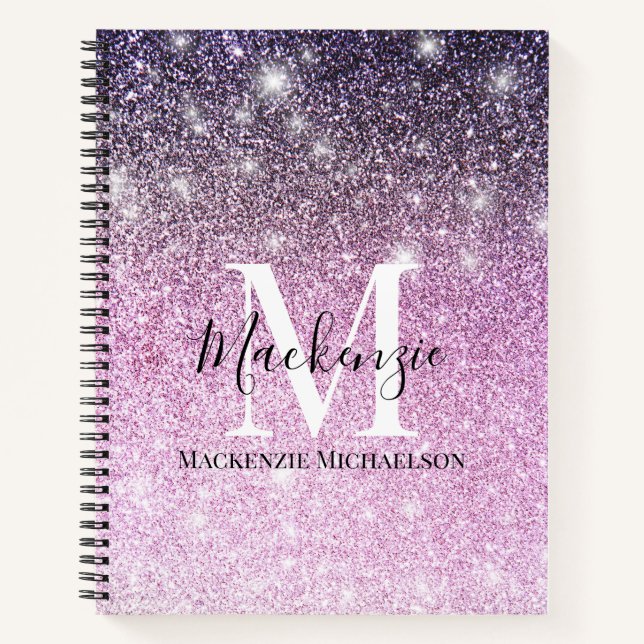 Girly Pink Purple Ombre Glitter Monogram Name  Notebook (Front)