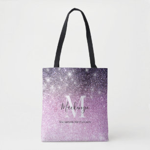 Girly Pink Purple Ombre Glitter Monogram Name  Tote Bag
