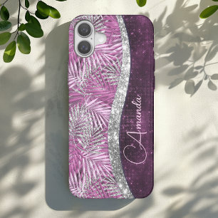 Girly pink purple silver glitter leaves monogram iPhone 16 case