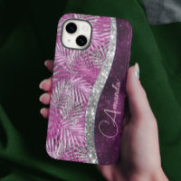 Girly pink purple silver glitter leaves monogram