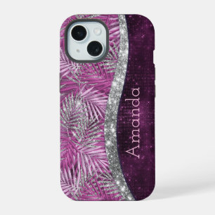 Girly pink purple silver glitter leaves monogram iPhone 15 case