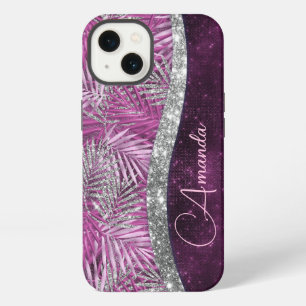 Girly pink purple silver glitter leaves monogram iPhone 13 case