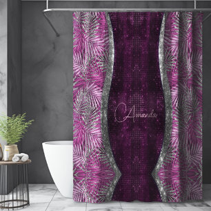 Girly pink purple silver glitter leaves monogram shower curtain