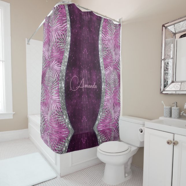 Girly pink purple silver glitter leaves monogram shower curtain (In Situ)